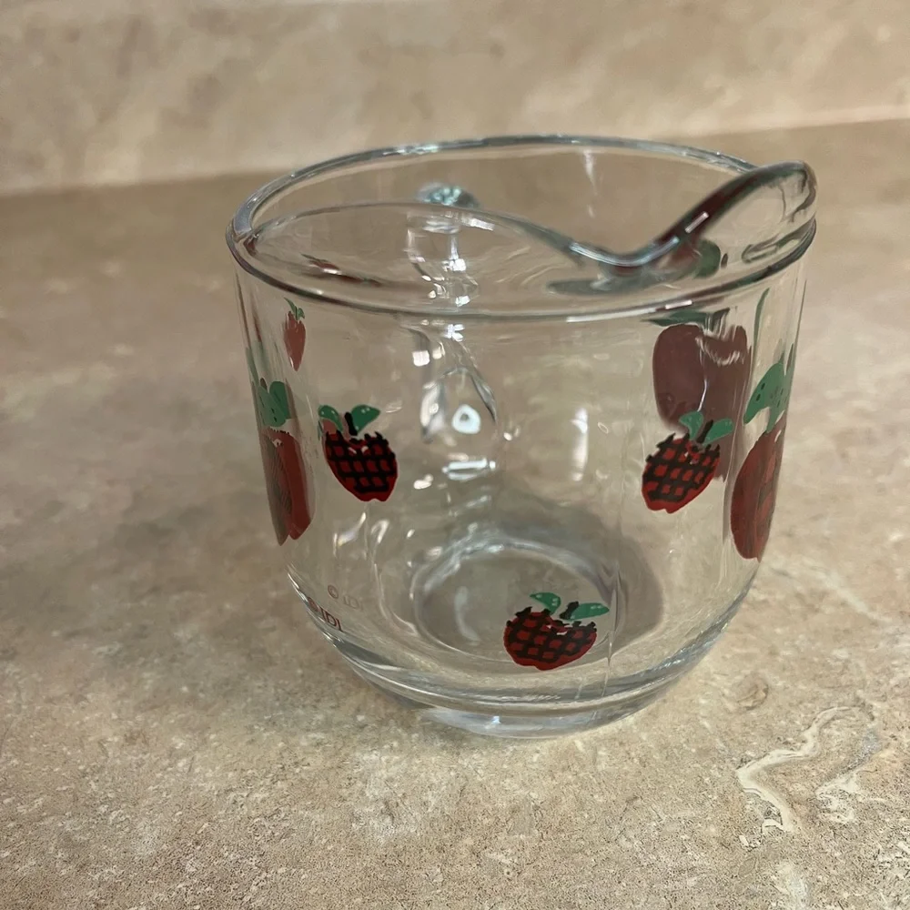Vintage Clear Glass Creamer with Red Plaid Apples